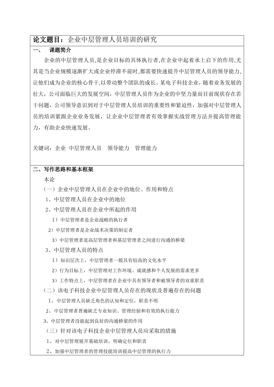 企业中层管理人员培训的研究+开题报告论文_第1页