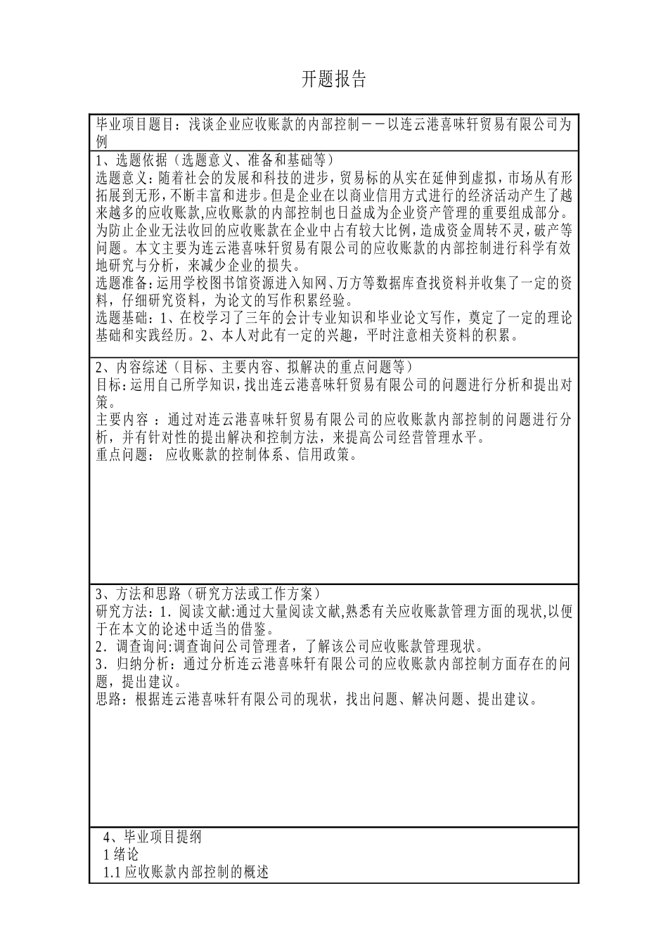 浅谈企业应收账款的内部控制－－以连云港喜味轩贸易有限公司为例开题报告_第1页