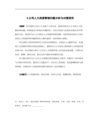 人力资源管理-U公司人力资源管理问题分析与对策研究论文