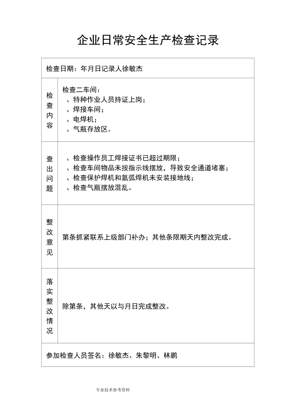 企业日常安全生产检查记录文本_第1页