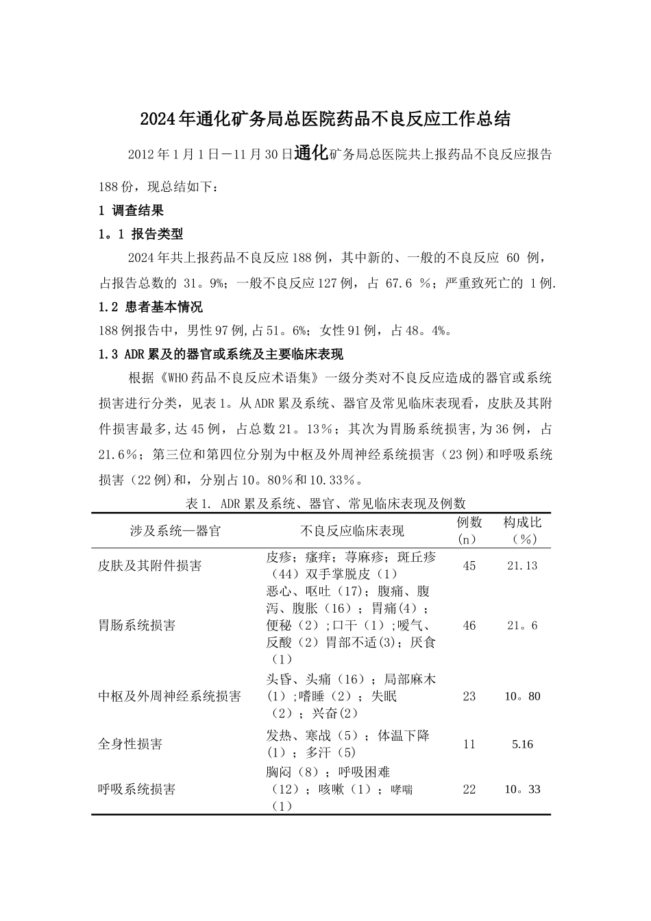 矿务局总医院药品不良反应工作总结_第1页