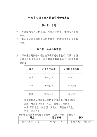 研发中心项目野外作业补贴管理办法