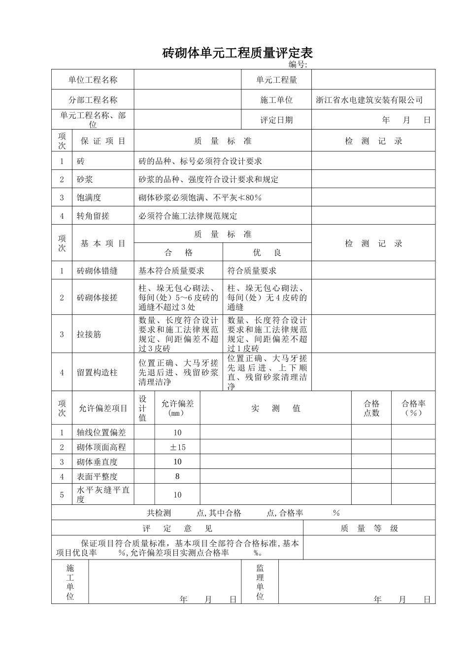 砖砌体单元工程质量评定表_第1页