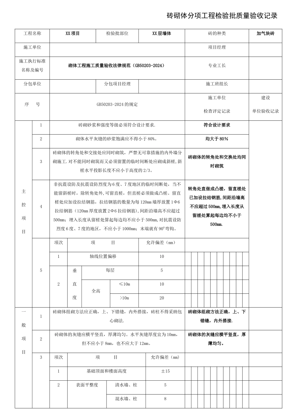 砖砌体分项工程检验批质量验收记录_第1页