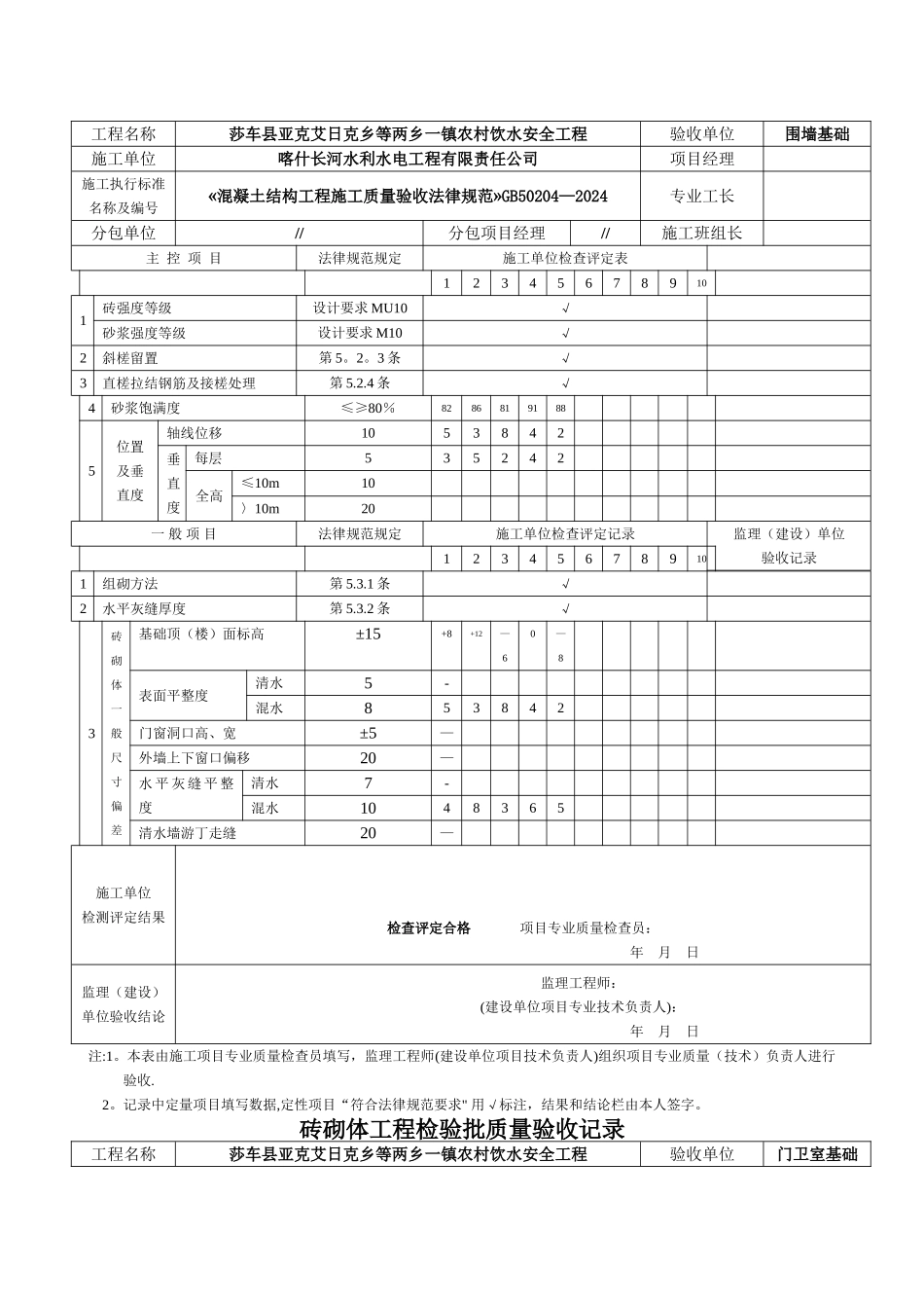 砖砌体工程检验批质量验收记录表_第2页