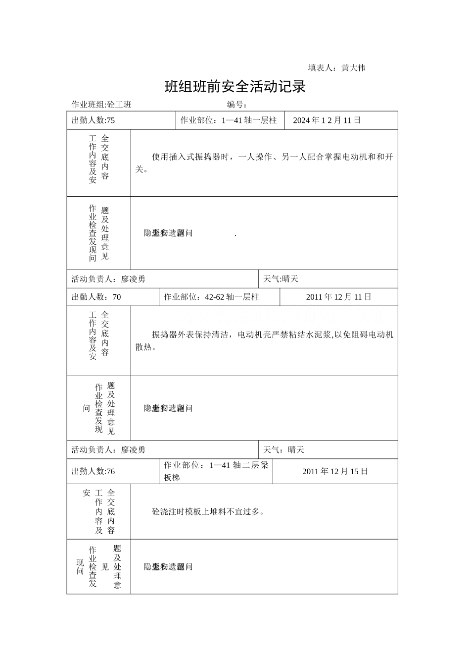 砼工班组班前安全活动记录_第2页