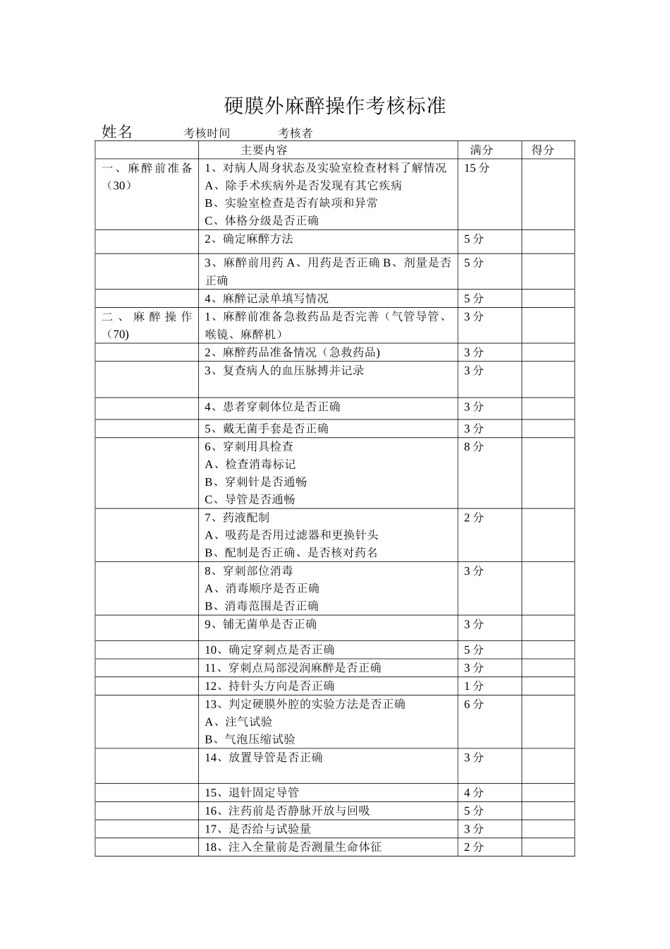 硬膜外麻醉操作考核标准_第1页