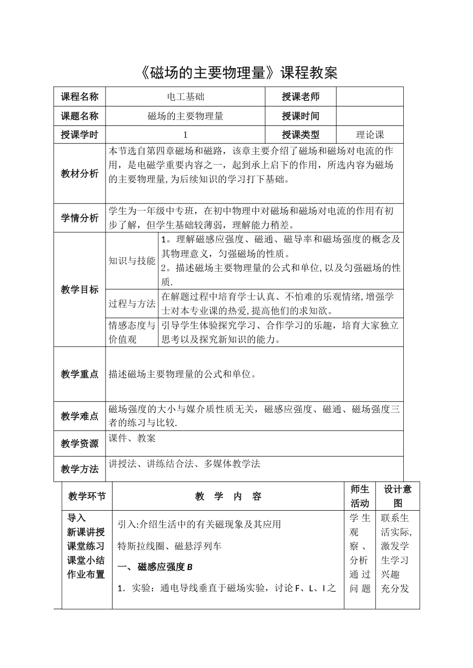 磁场的主要物理量教案_第1页