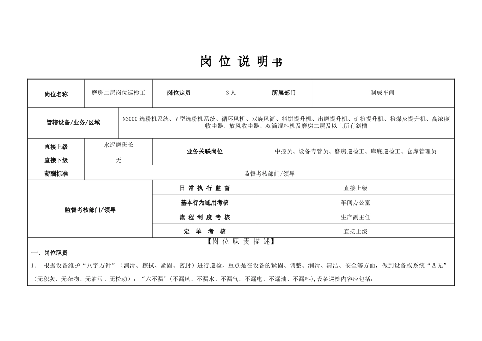 磨房二层以上巡检工岗位说明书_第1页