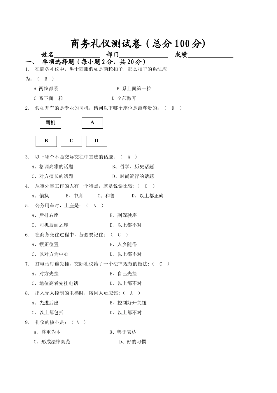 礼仪测试卷及答案_第1页