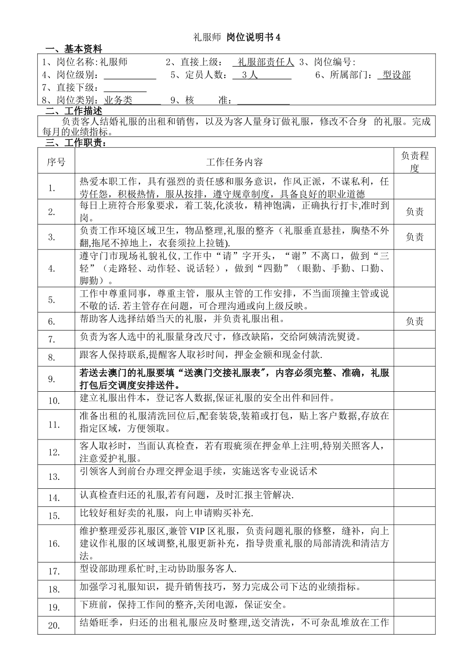 礼服部-岗位说明书_第1页