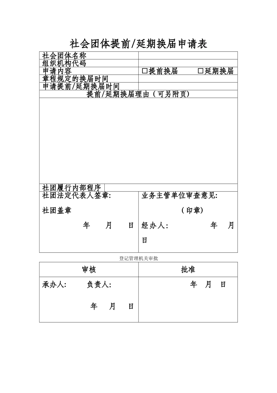 社会团体提前、延期换届申请表_第1页
