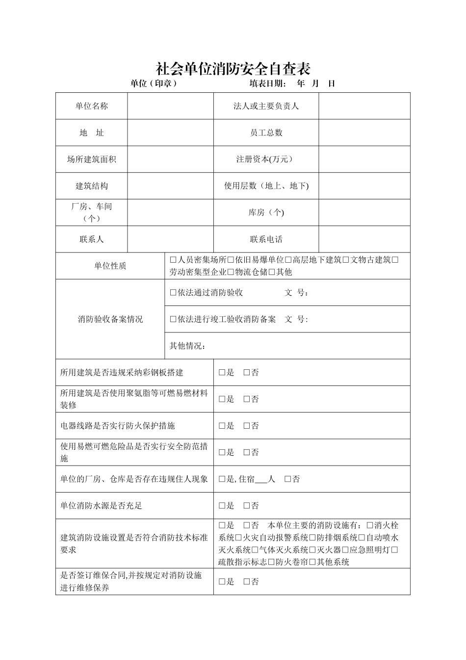社会单位消防安全自查表_第1页