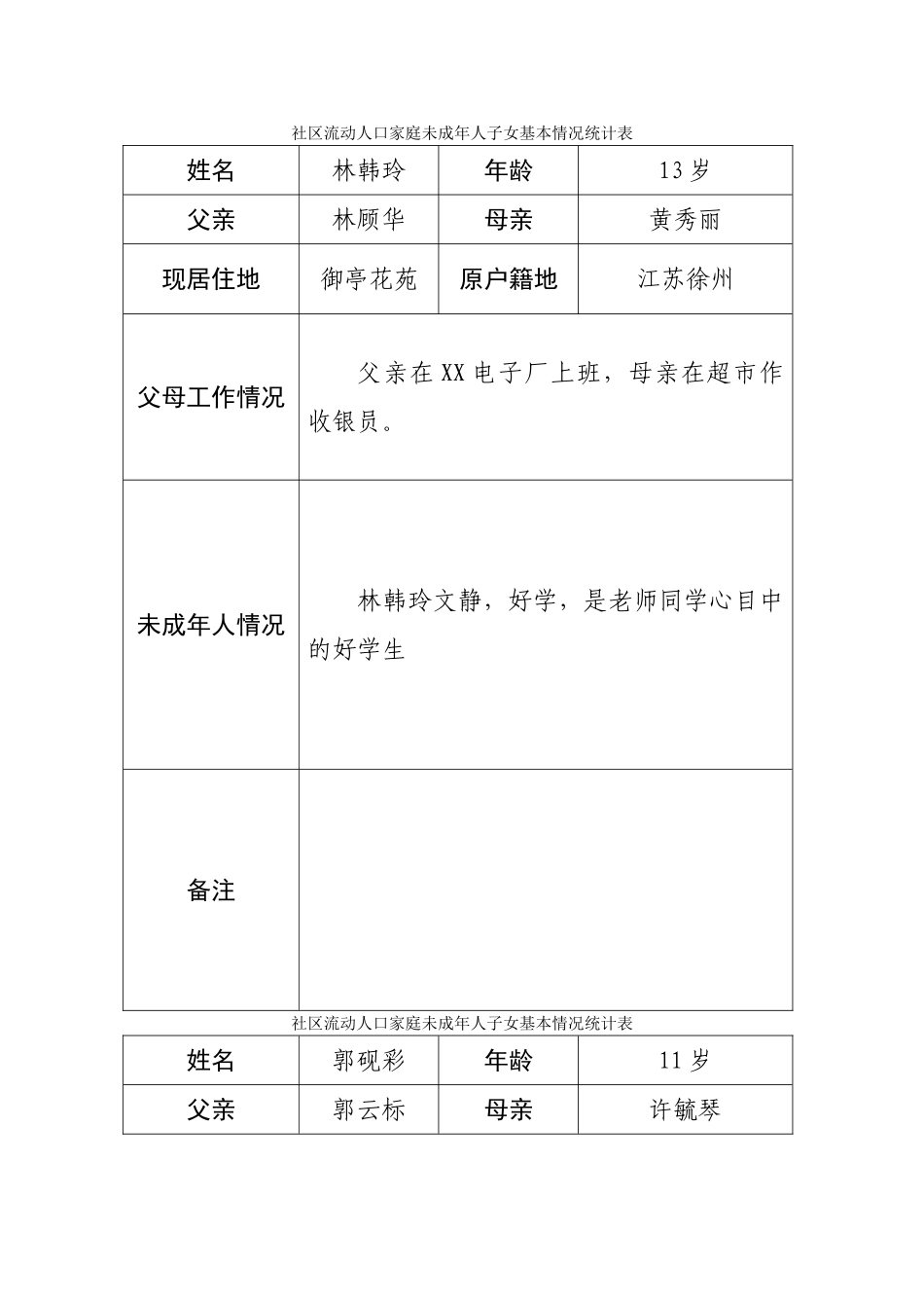 社区流动人口家庭未成年人子女情况统计表_第1页