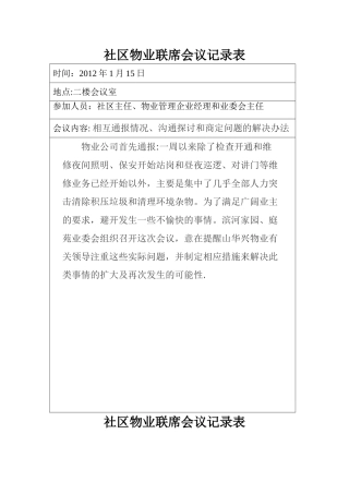 社区物业联席会议记录表