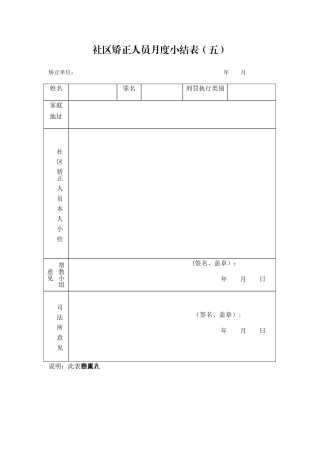 社区矫正人员月度小结表(五)