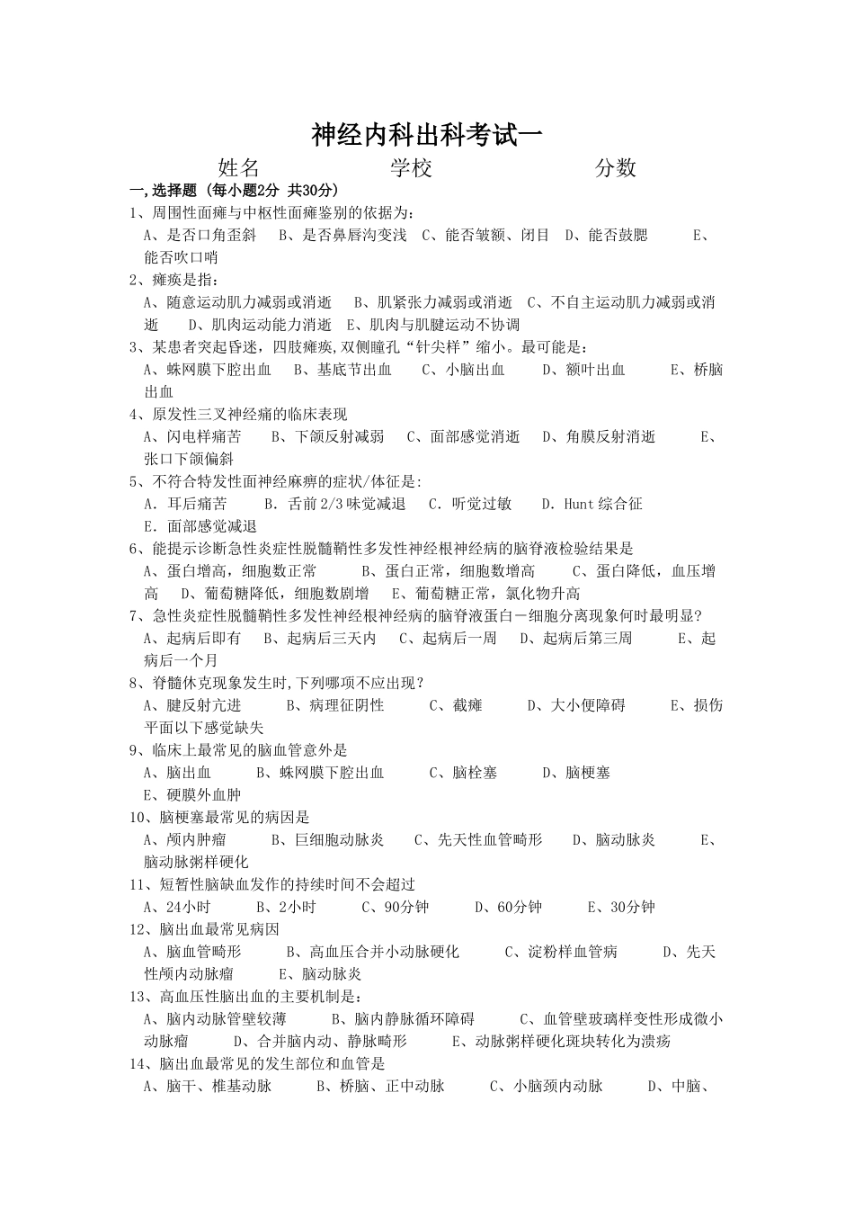 神经内科出科考试一_第1页