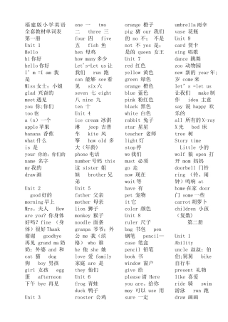 福建版小学英语全套教材单词表