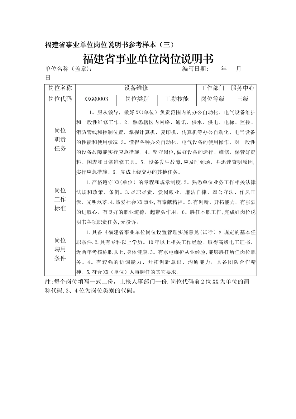 福建省事业单位岗位说明书参考样本_第3页