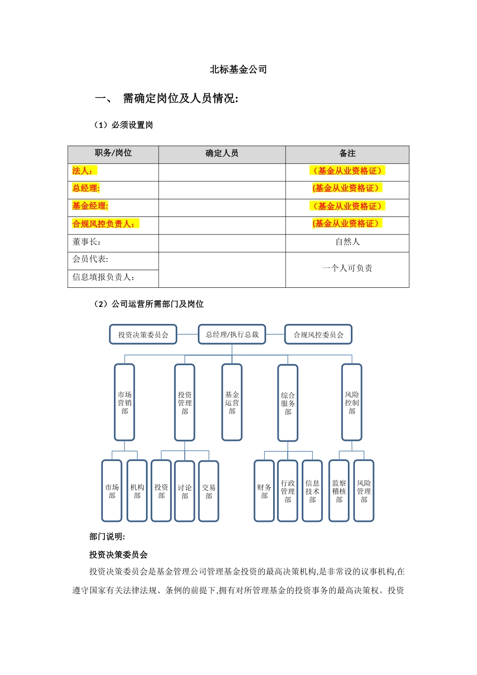 私募股权投资基金公司岗位及人员设定参考_第1页
