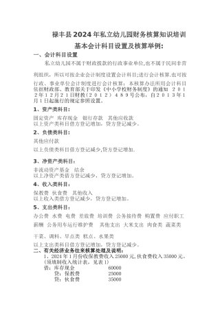 私立幼儿园基本会计科目设置及经济业务举例