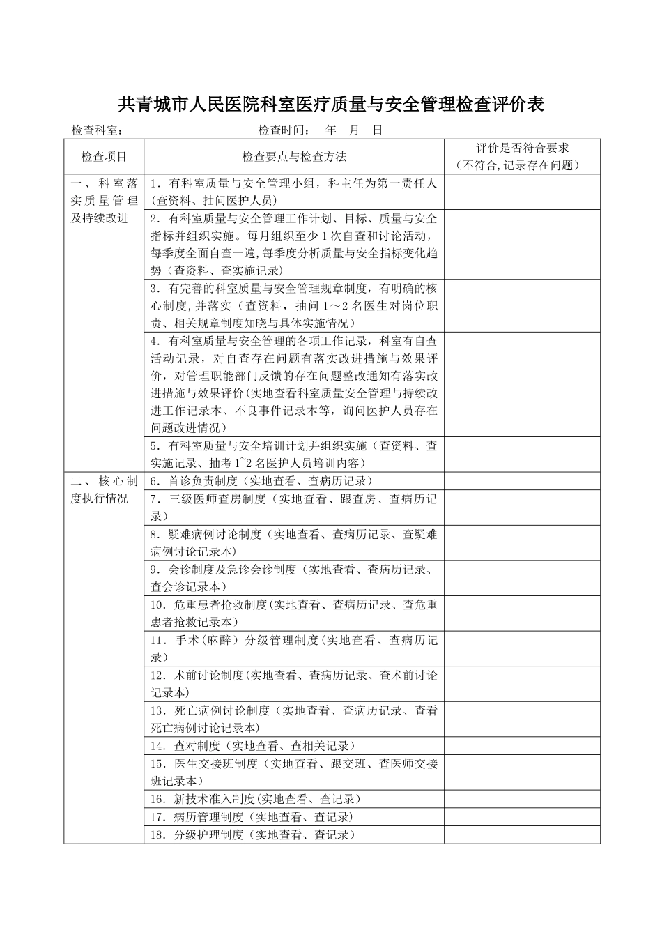 科室医疗质量与安全管理检查评价表_第1页