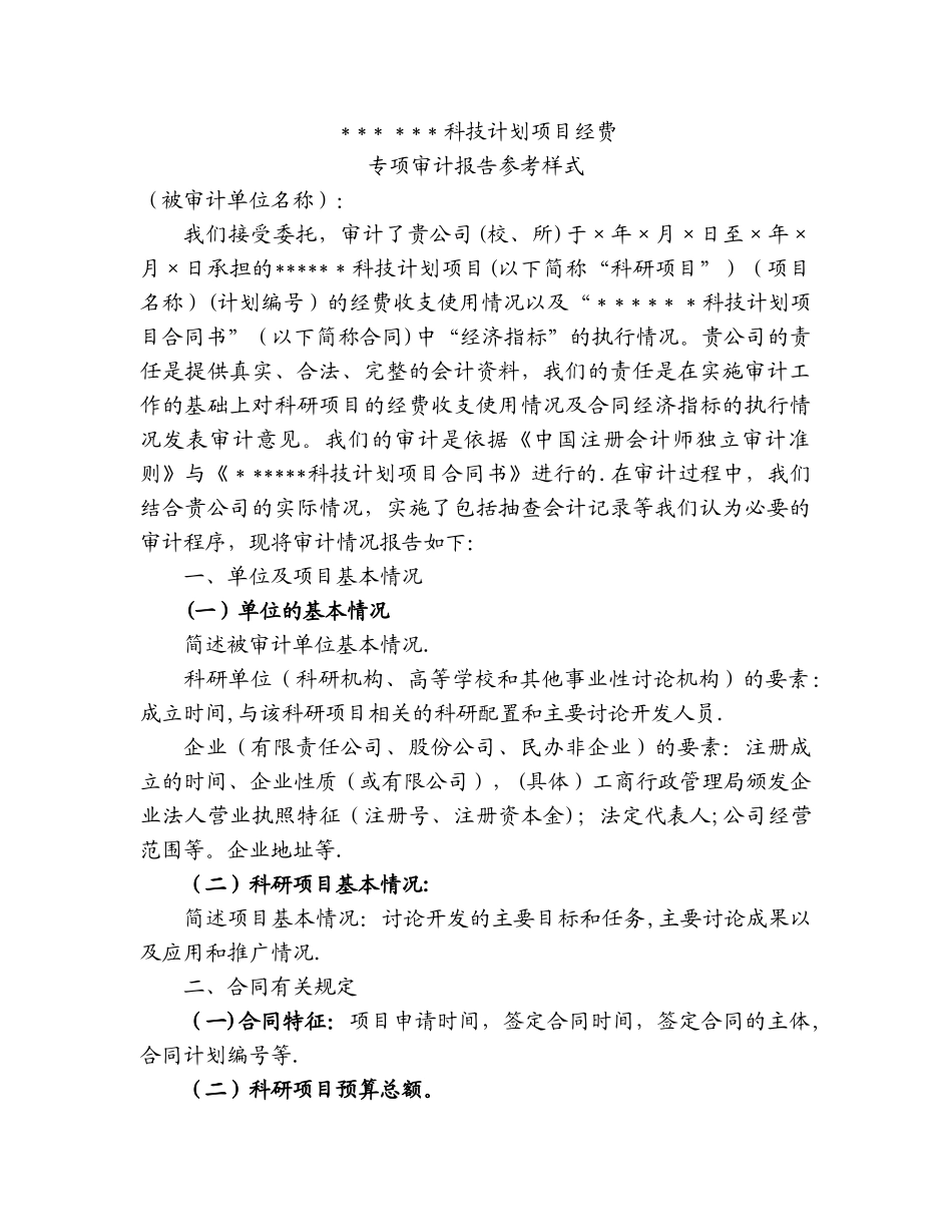 科技计划项目经费专项审计报告格式_第1页
