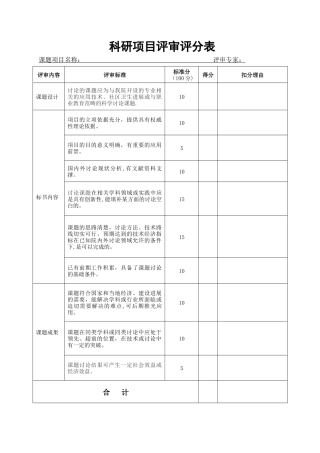科研项目评审评分表