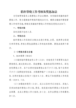 秸秆禁烧工作考核及奖惩办法