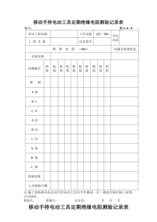 移动手持电动工具定期绝缘电阻检测记录表