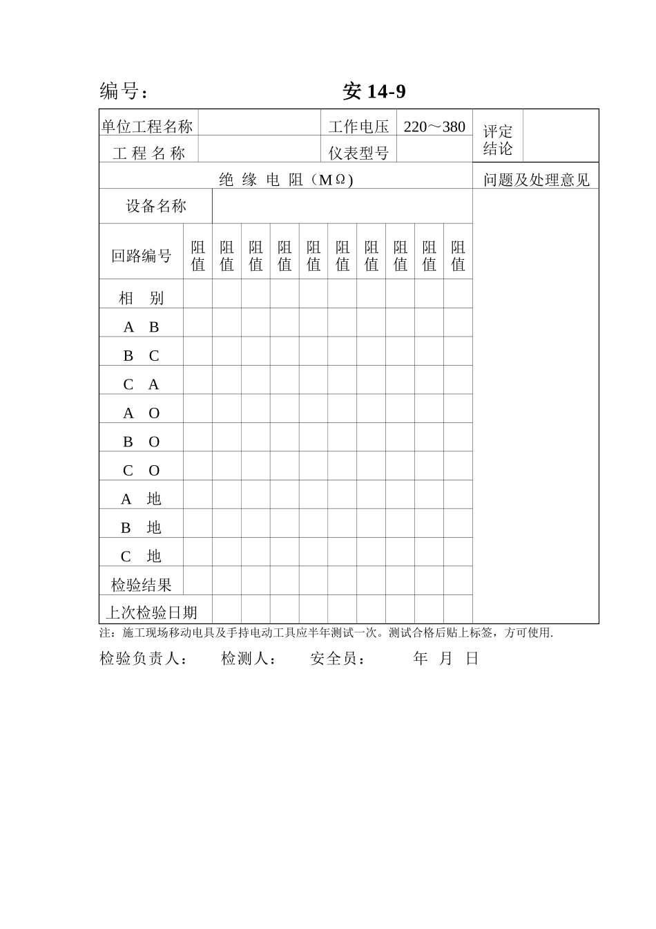 移动手持电动工具定期绝缘电阻检测记录表_第2页