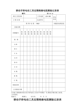 移动手持电动工具定期绝缘电阻检测记录表