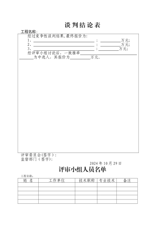 竞争性磋商开标评标表格