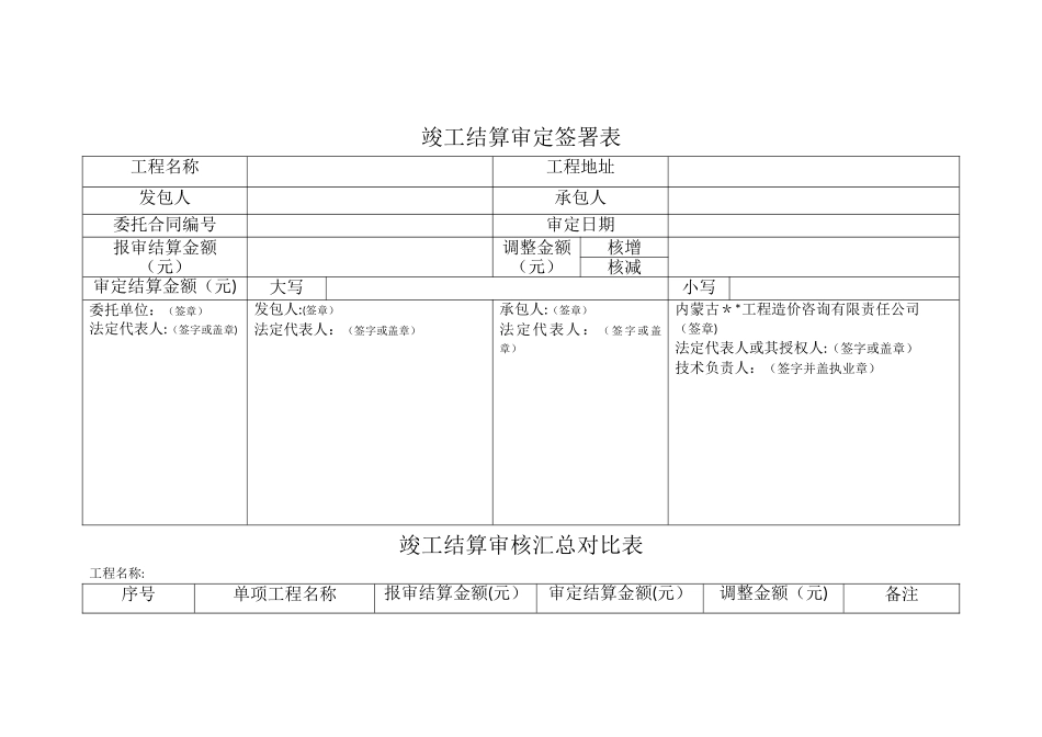 竣工结算审核签署表、汇总表_第1页