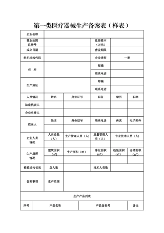 第一类医疗器械生产备案表格及要求