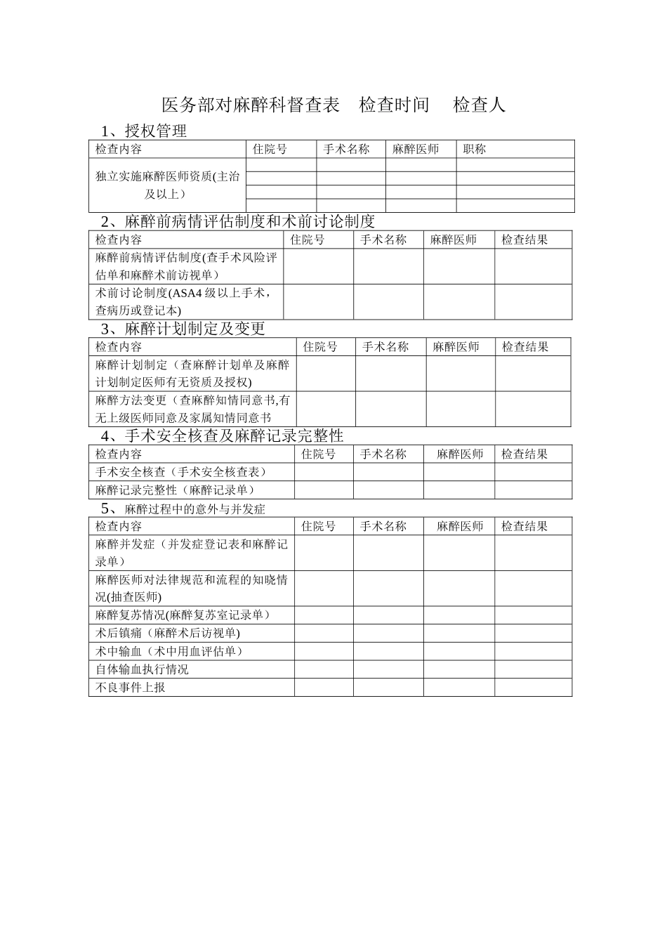 等级医院评审麻醉科督查表_第1页