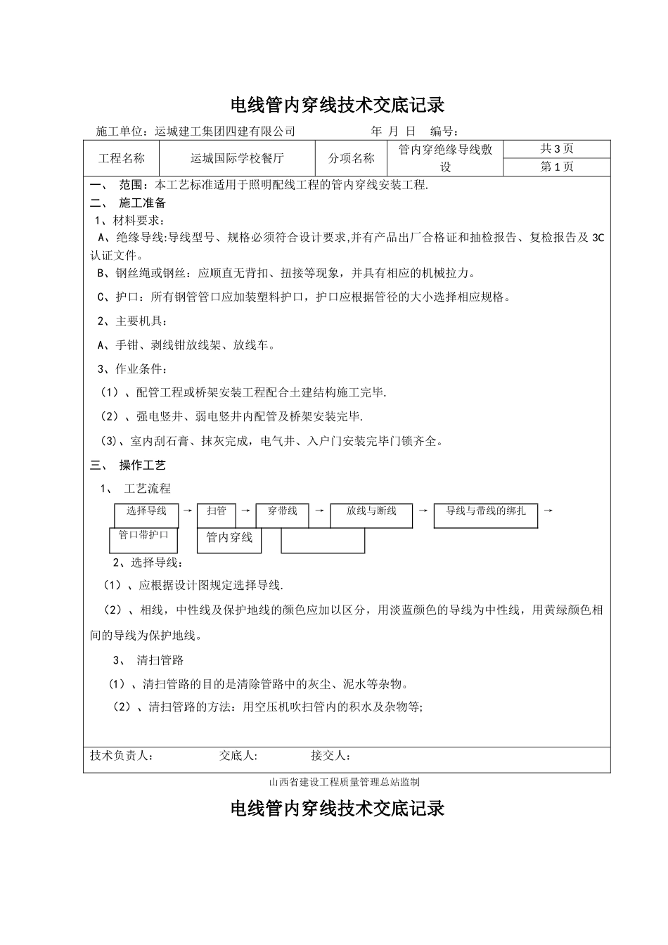 管内穿线技术交底记录_第1页