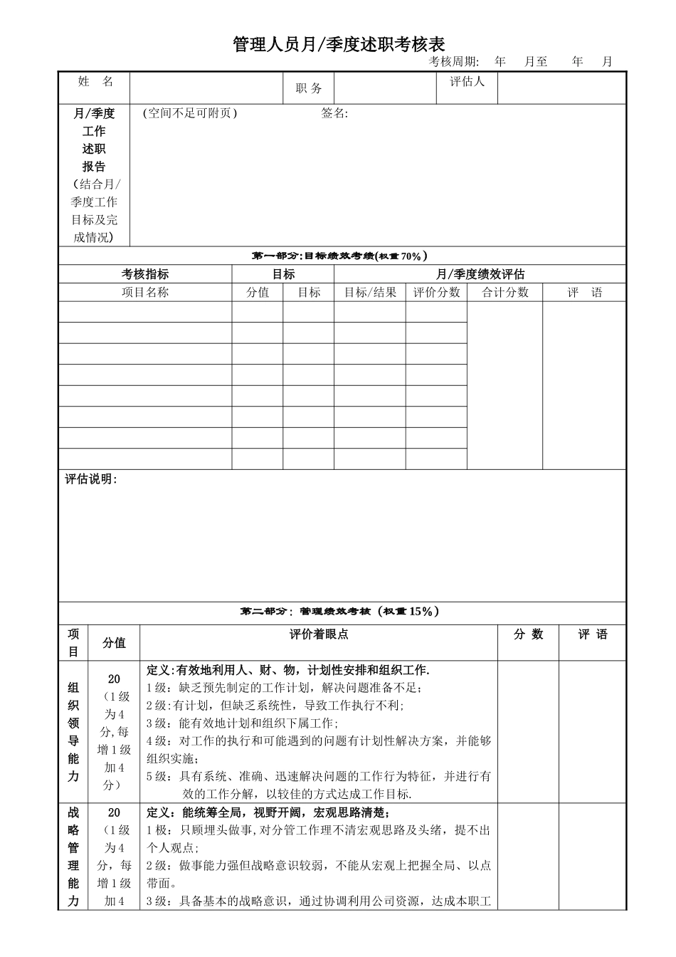 管理人员月季绩效考核表_第1页