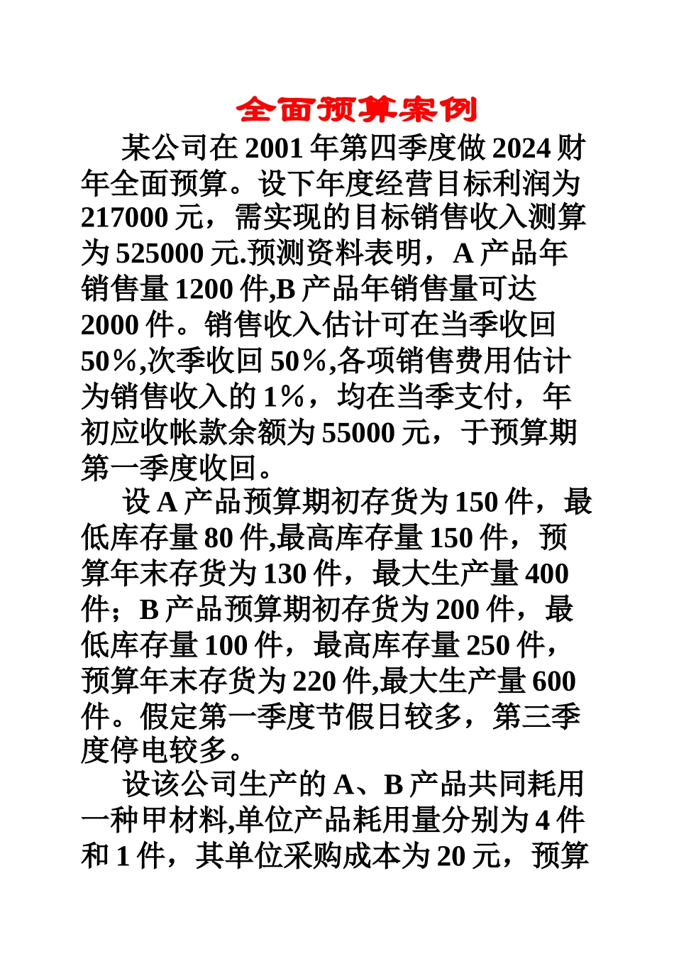 管理会计全面预算案例_第1页