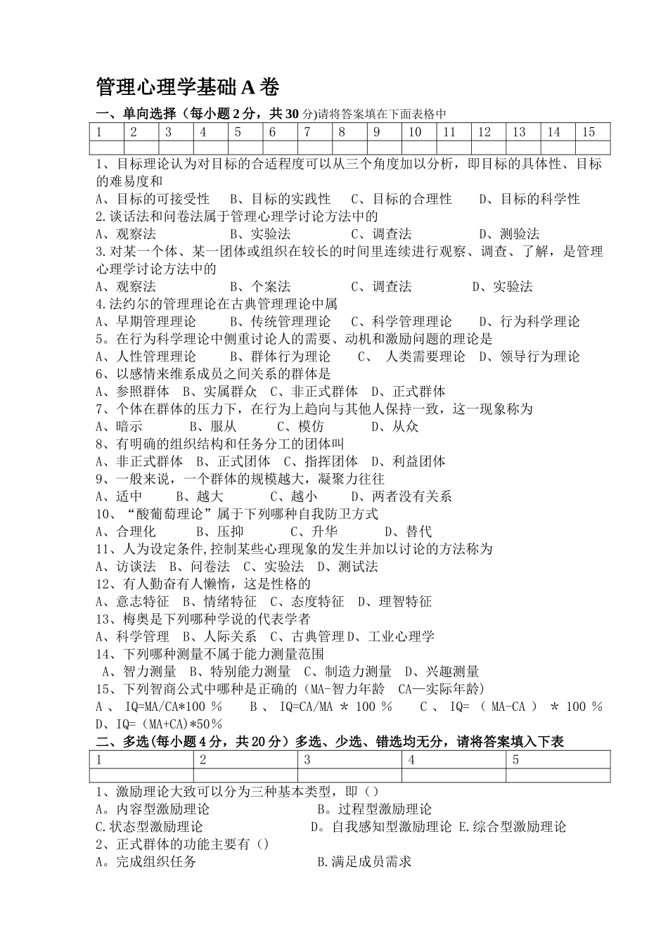 管理心理学试卷A及答案_第1页