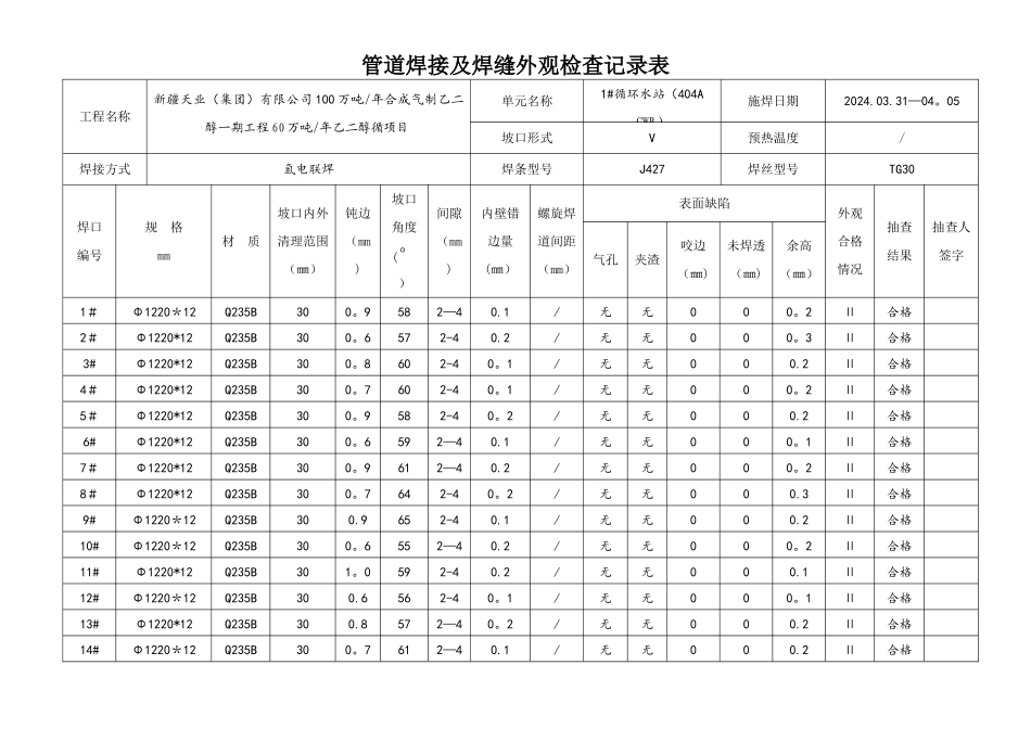管道焊接及焊缝外观检查记录表_第1页
