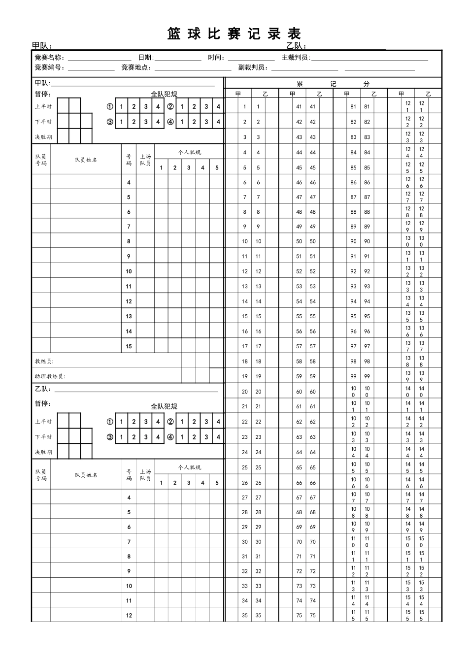 篮球比赛记分表模板_第1页