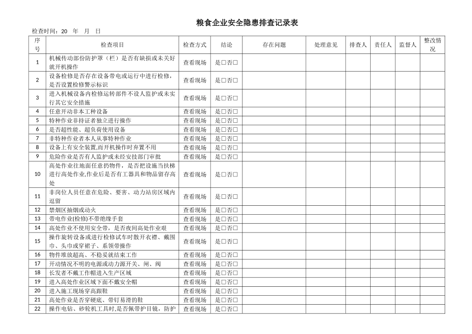 粮食企业安全隐患排查记录表_第1页