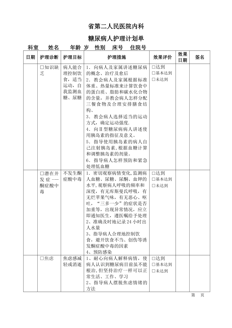 糖尿病人护理计划单_第1页