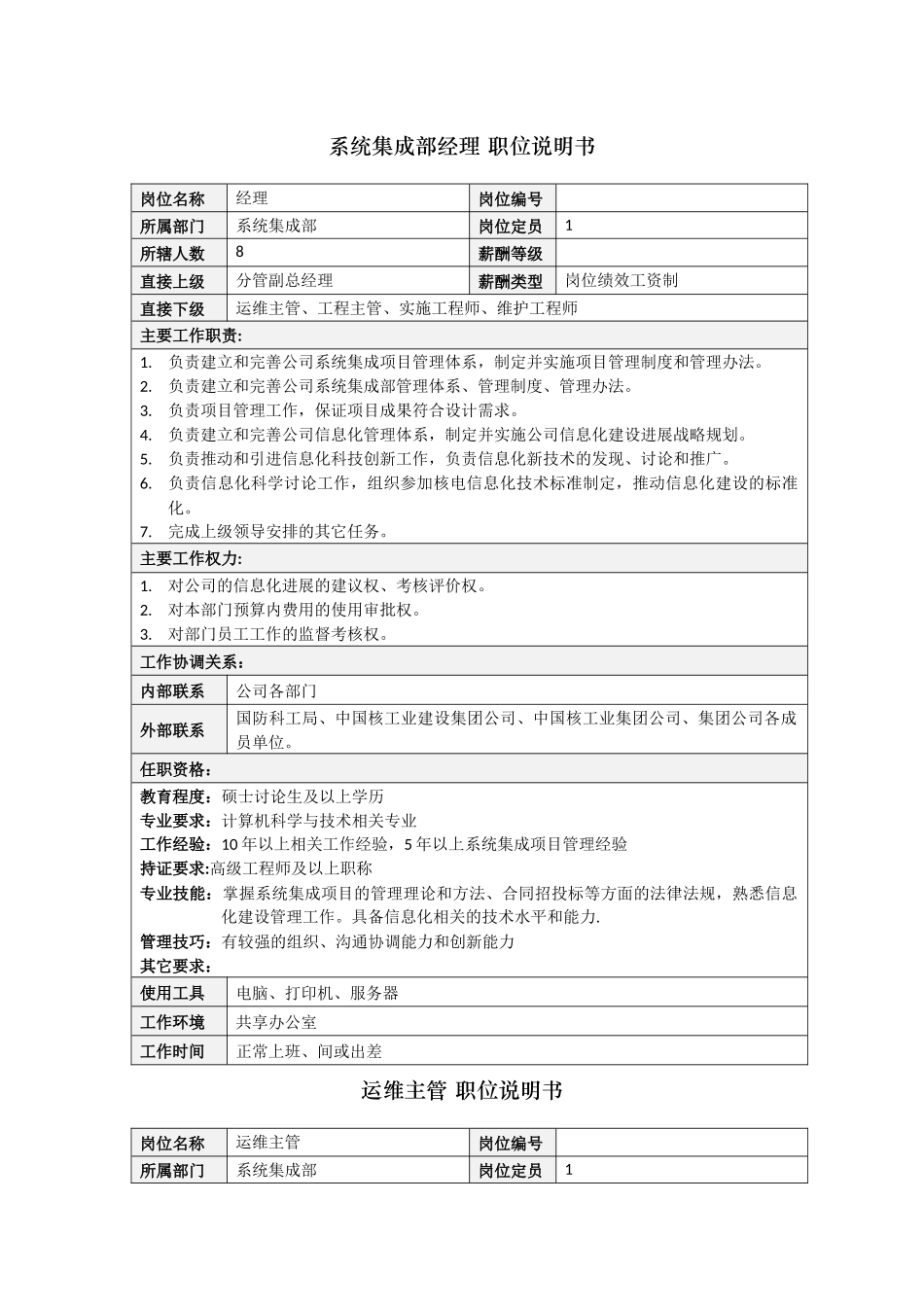系统集成部职位说明书_第1页