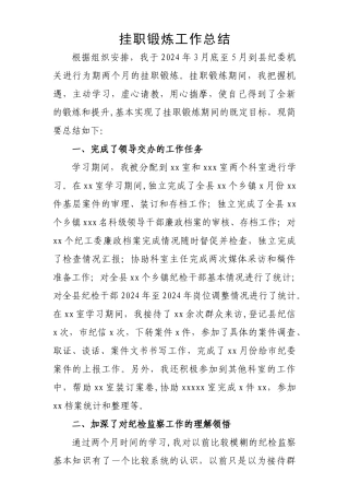 纪检干部挂职锻炼工作总结