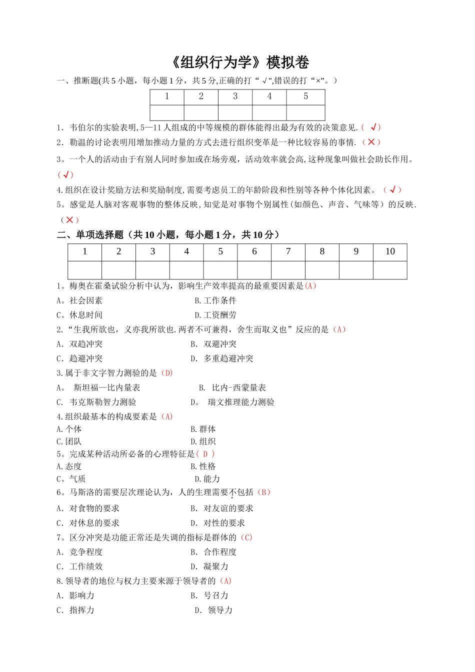 组织行为学模拟卷及答案_第1页
