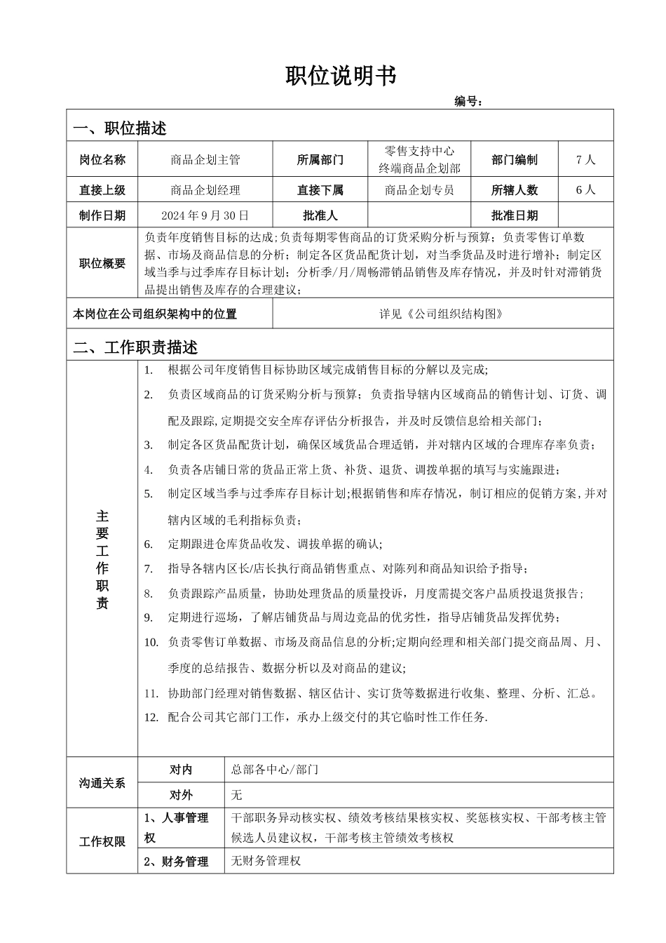 终端商品企划部职位说明书-商品企划主管职位说明书_第1页