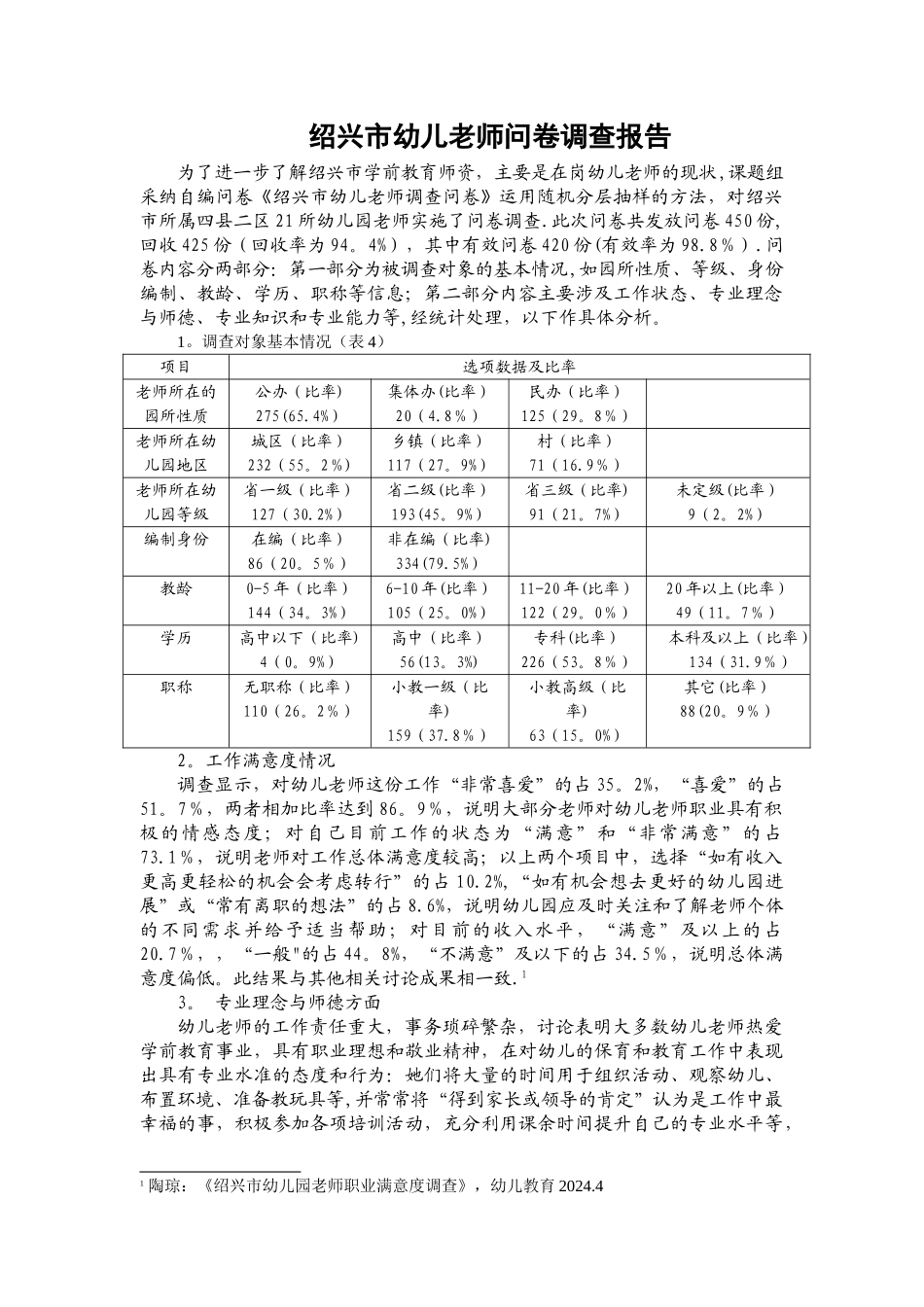 绍兴幼儿教师问卷调查报告-学前教育系-绍兴文理学院上虞分院_第1页