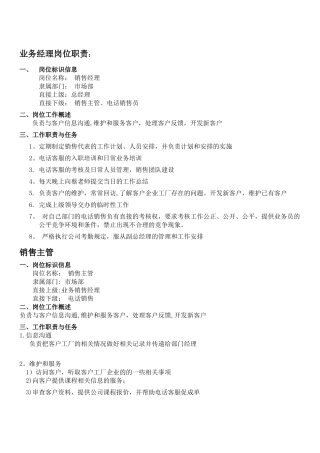 经理、主管、业务员岗位职责说明书